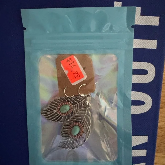 Silver and Turquoise Feather Earrings - Picture 4 of 5